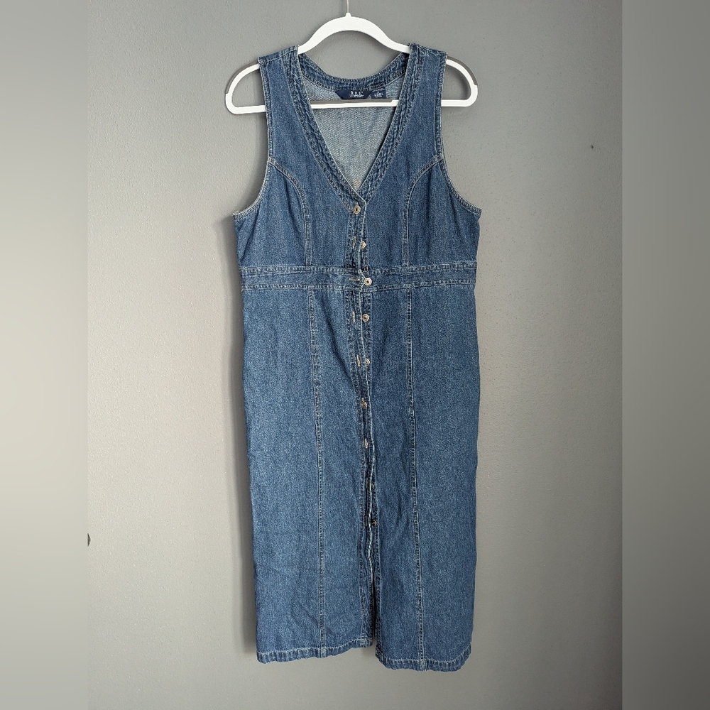 Vintage DPS New York 100% cotton denim sleeveless button front dress Size Medium